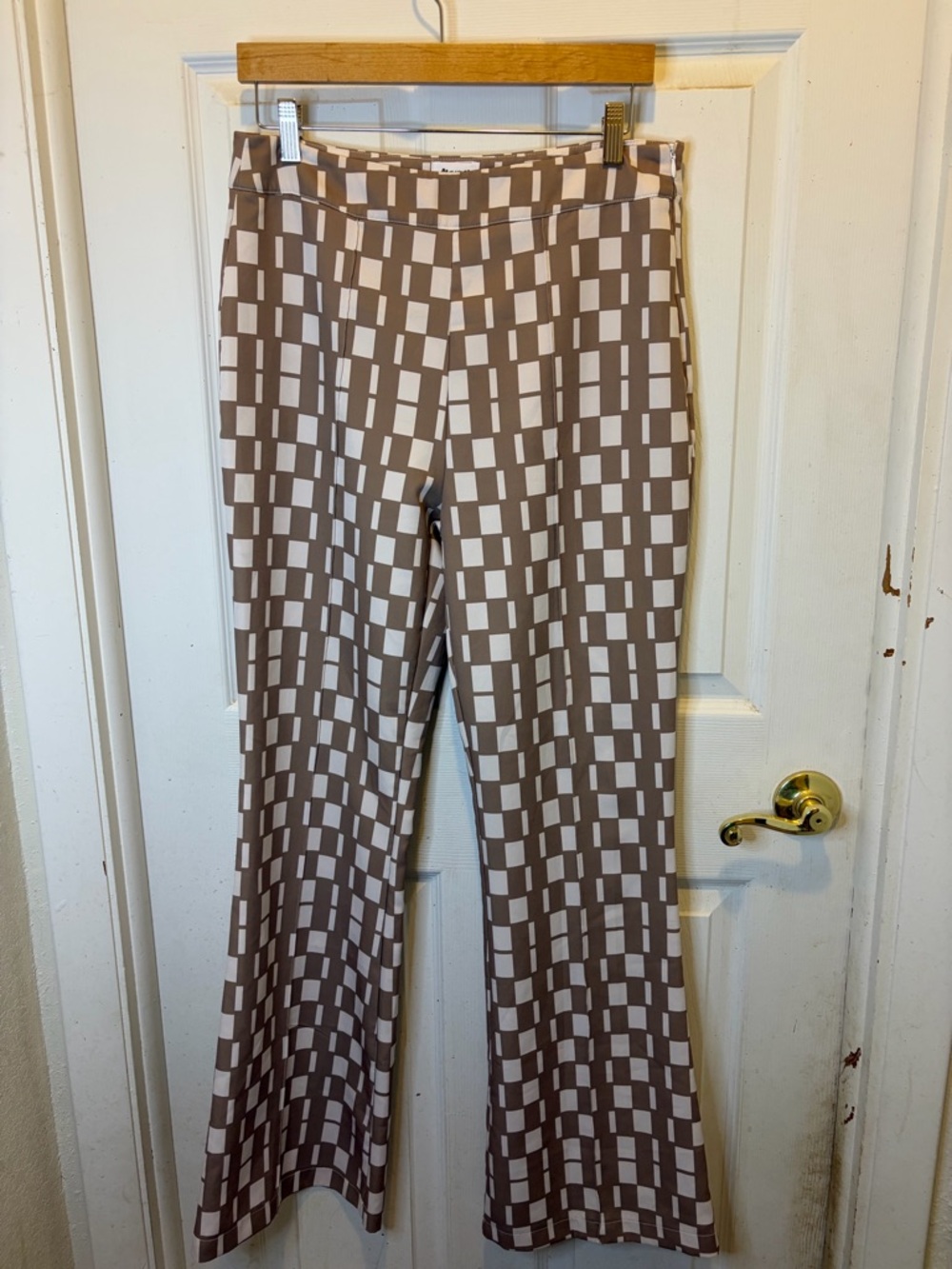 Princess Polly Taupe & White Geometric Boot-Cut Pants